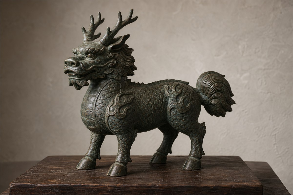 Dark bronze Qilin with antler-like horns, scales, mane, tail, and four hooves
