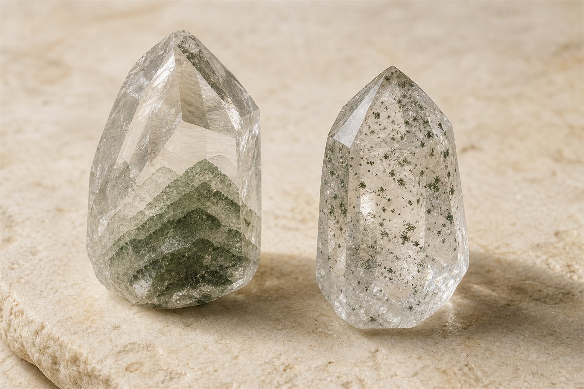 Two clear quartz specimens with layered green mountain contours and scattered green chlorite points