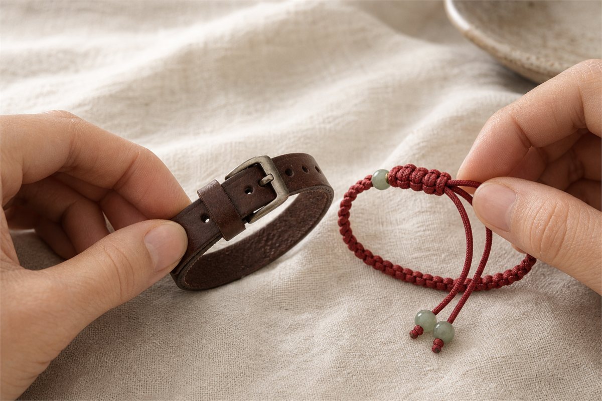 Hands holding a leather bracelet buckle and an adjustable braided cord slider