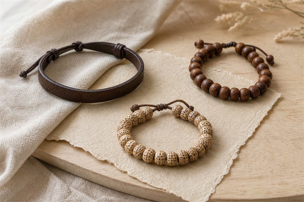 Brown leather bracelet, hardwood bead strand and light carved seed bead bracelet