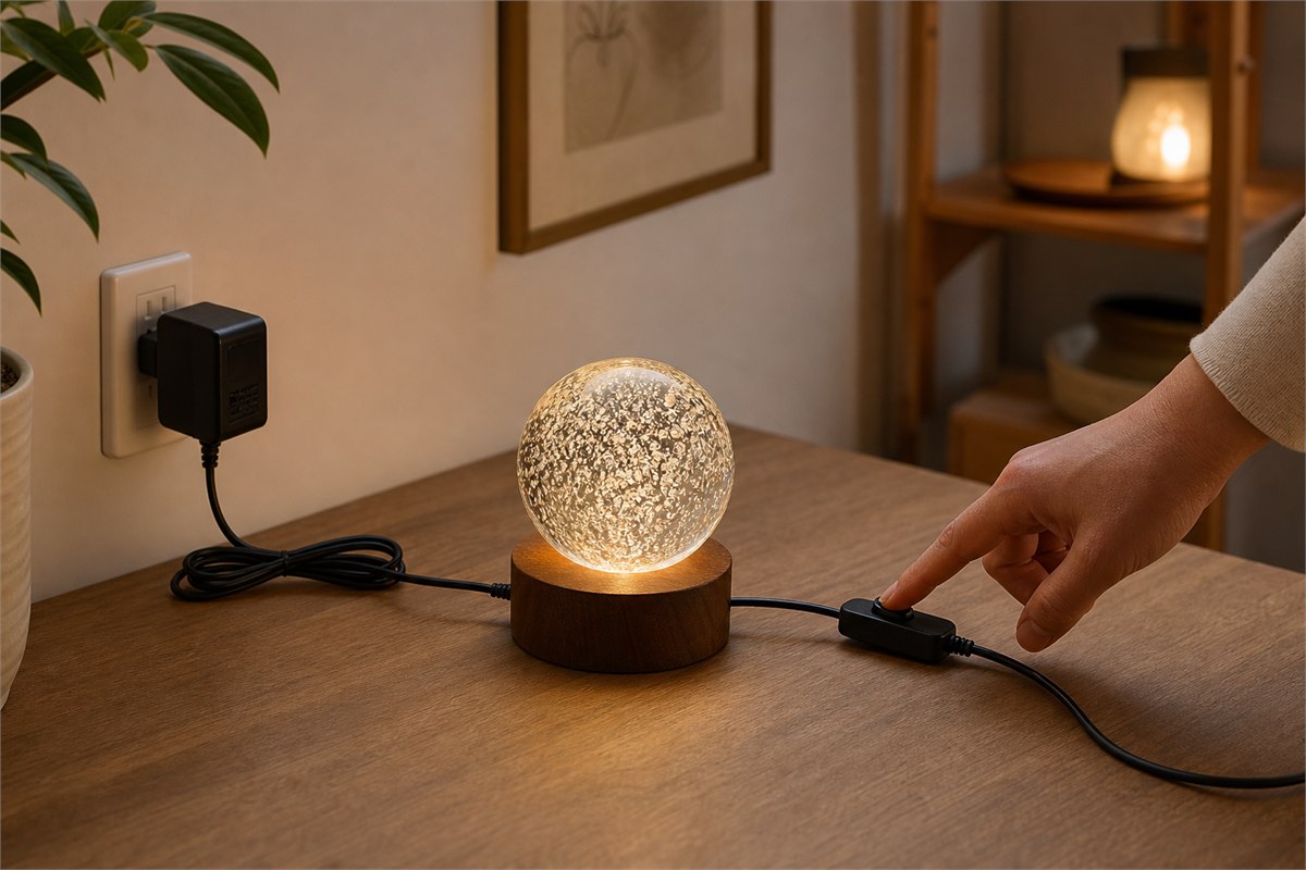 Decorative glass sphere on a low-voltage LED base with intact cable, switch, adapter, and clear ventilation