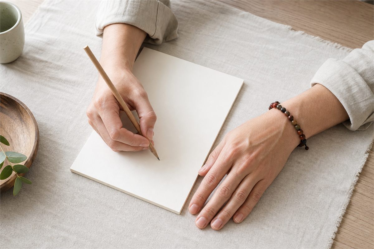 Left hand writing while a flexible mixed bead bracelet rests on the right wrist