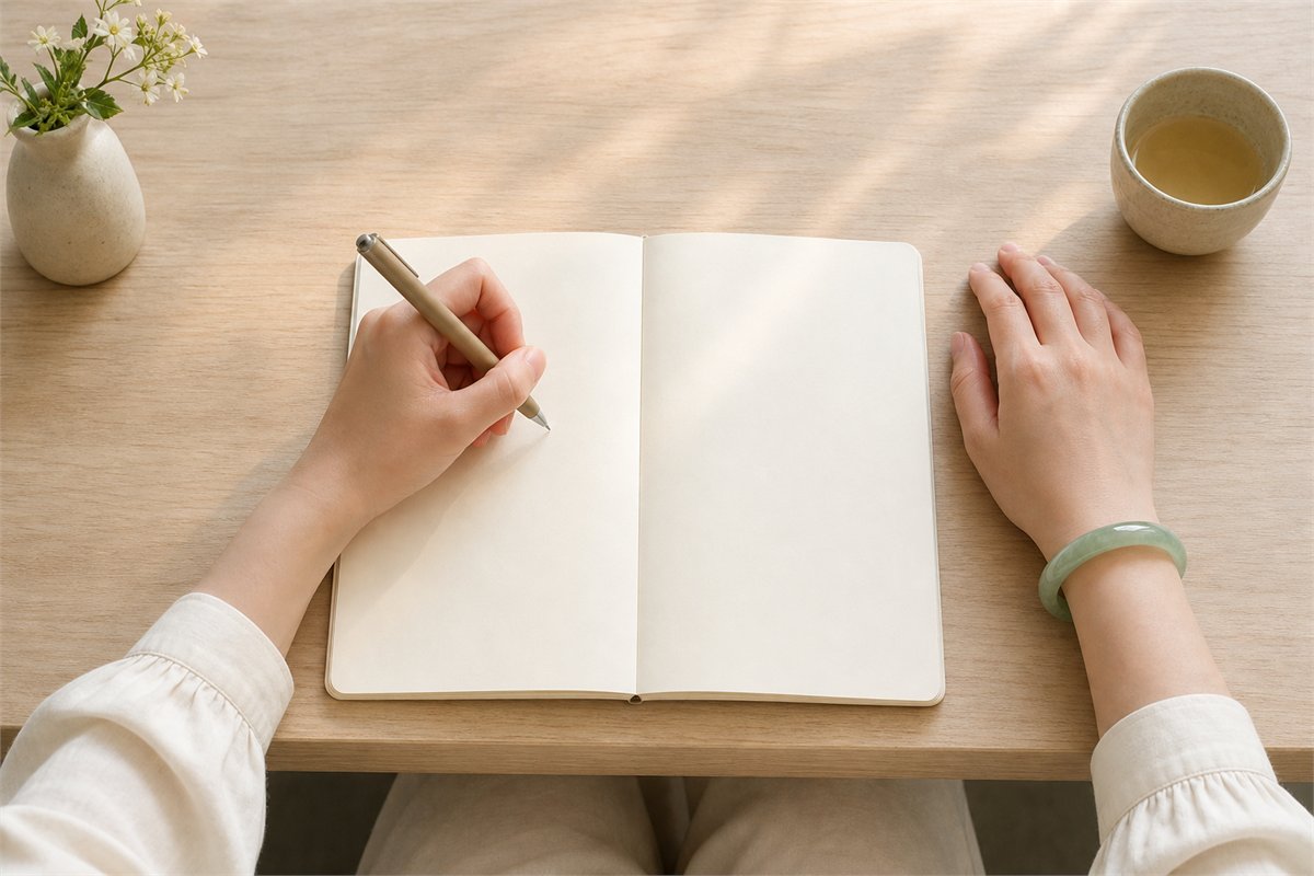 Left hand writing while a green jade bangle rests on the right wrist