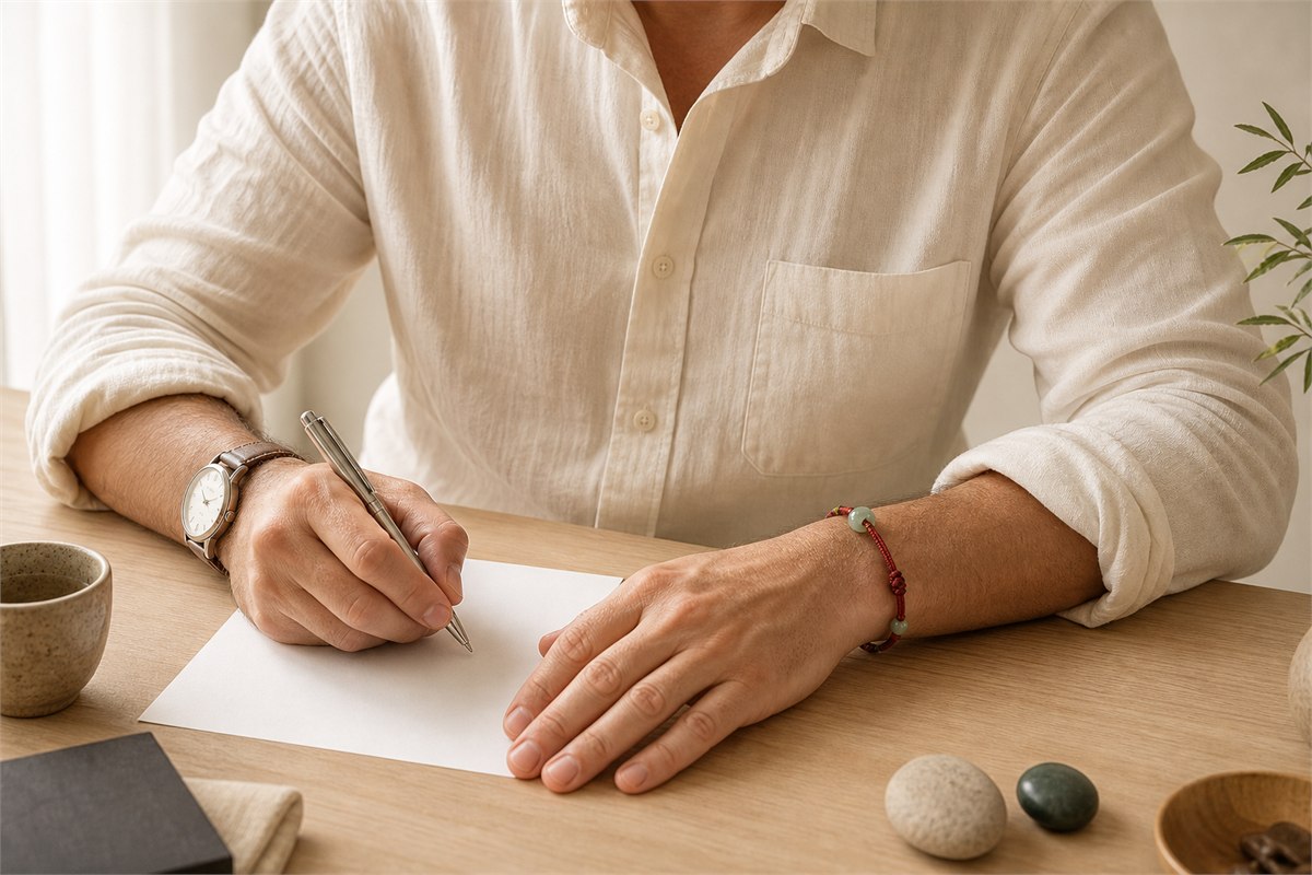 Man writing with his right hand while wearing a bracelet on the left wrist and a watch on the right