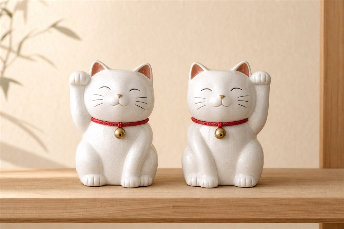 Two white ceramic lucky cats facing forward, one raising its left paw and the other raising its right paw