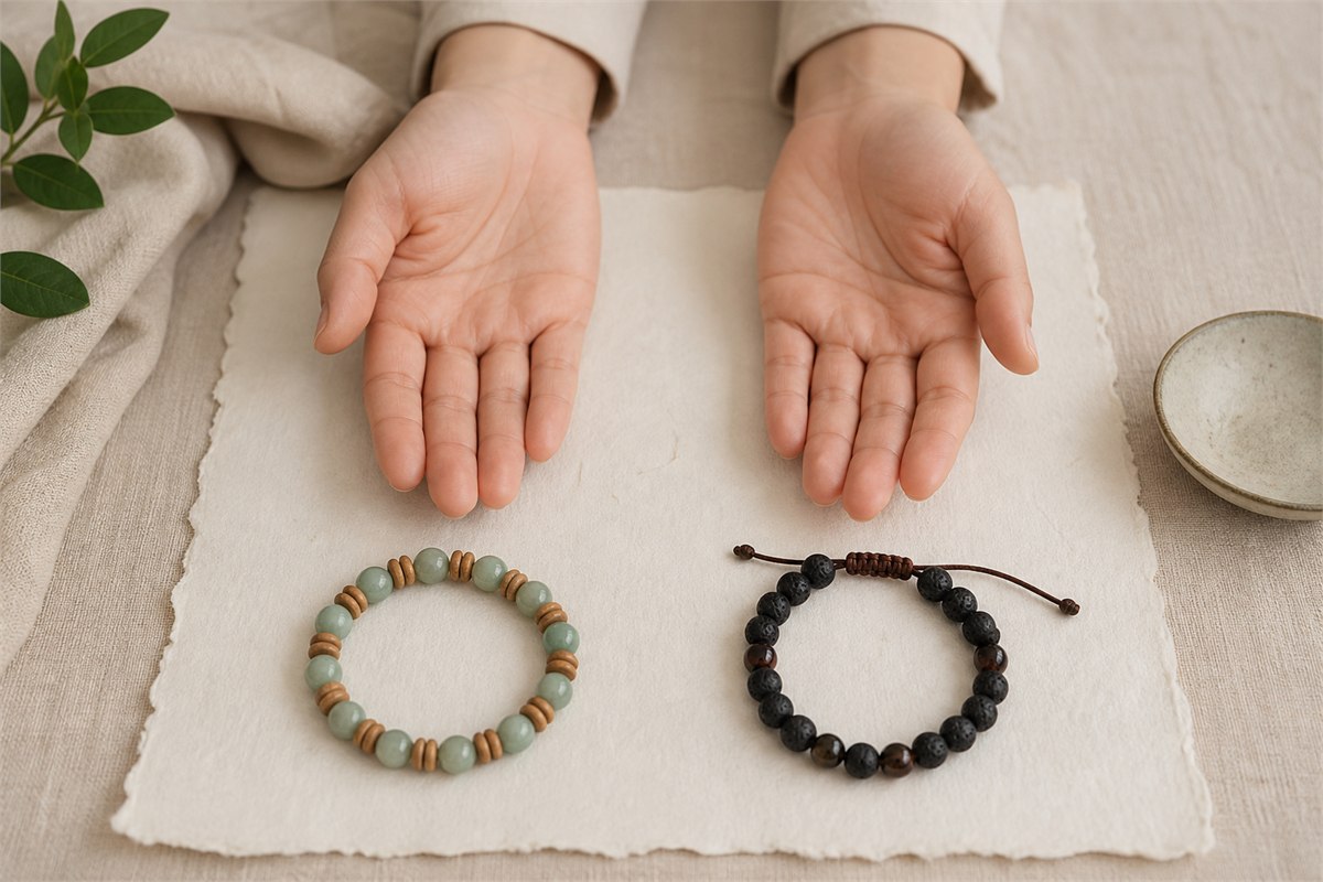 Two open adult palms above separate green wood and black bead bracelets on neutral paper