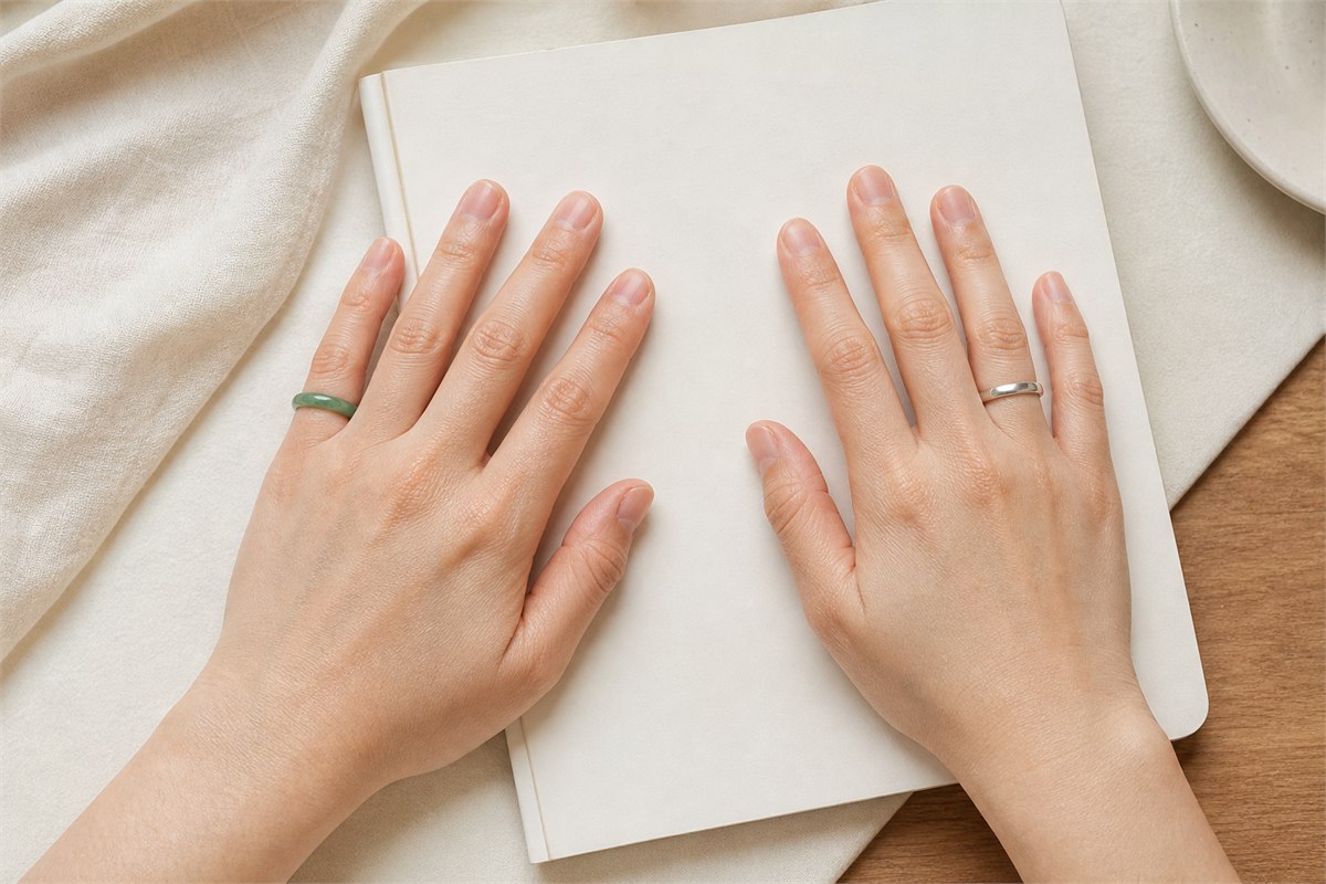Two relaxed hands wearing a green jade ring and a silver band beside a blank notebook