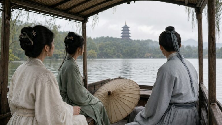 Three figures in ivory, green, and gray-blue robes seated in a wooden boat on misty West Lake with an umbrella and distant pagoda