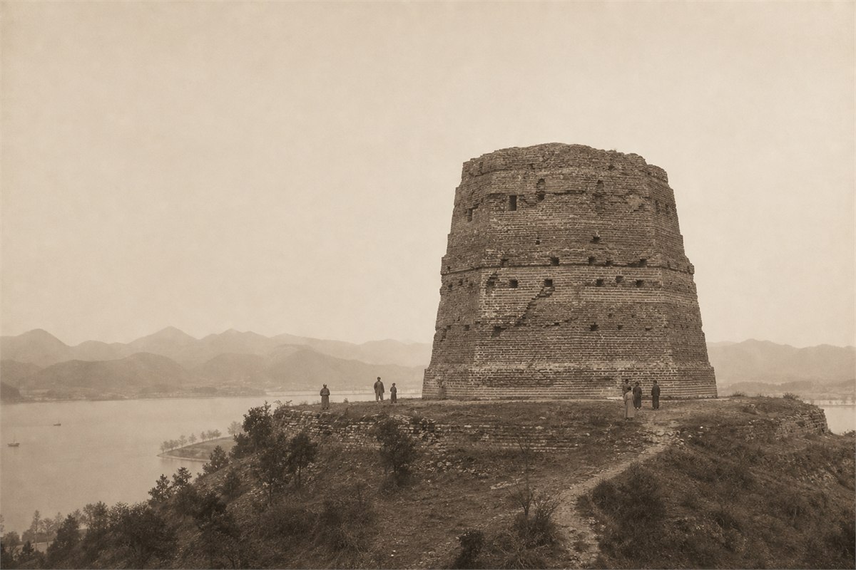 Ruined brick core of Leifeng Pagoda on a hill above West Lake in a sepia historical reconstruction