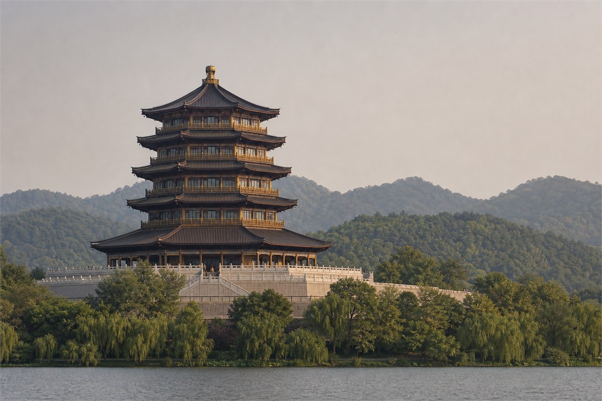 Rebuilt five-story octagonal Leifeng Pagoda above trees beside West Lake in Hangzhou