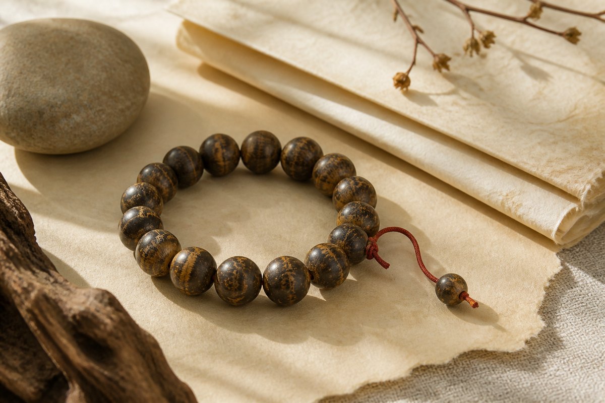 Thunderstruck wood bracelet arranged with parchment, natural stone, and a restrained red cord accent