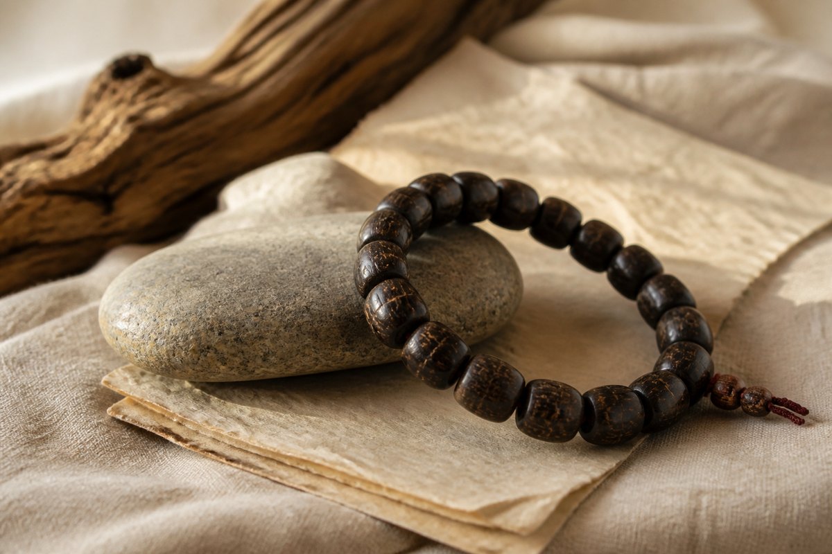 Thunderstruck wood bracelet resting beside natural stone and folded parchment in warm quiet light