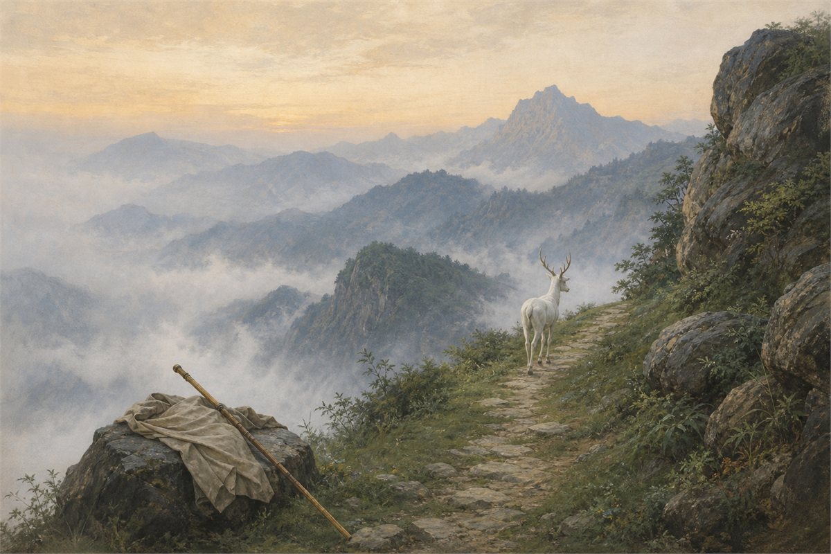 White deer walking along a green cliff path toward misty mountains beside a resting cloak and staff