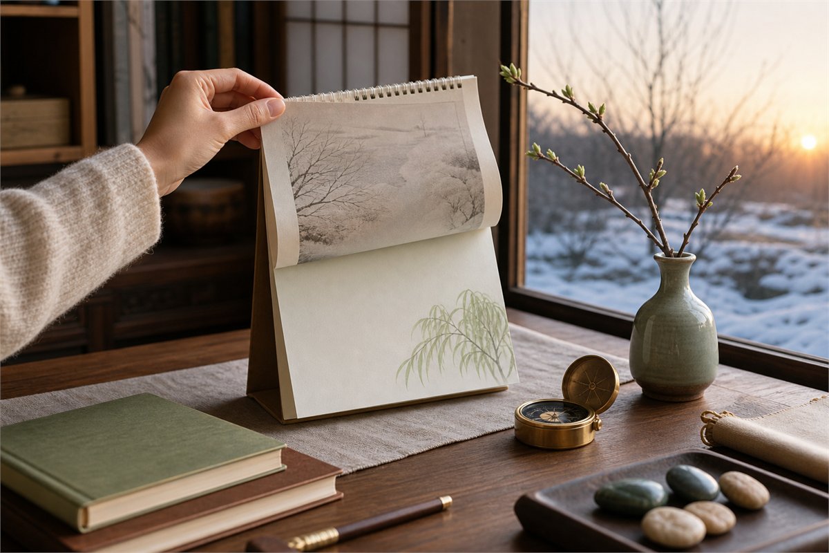 Hand turning a seasonal calendar beside a compass and a window with late-winter scenery