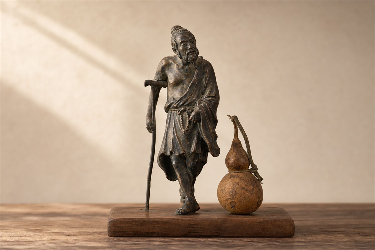 Traditional Li Tieguai figurine holding an iron crutch with a medicine gourd at his side