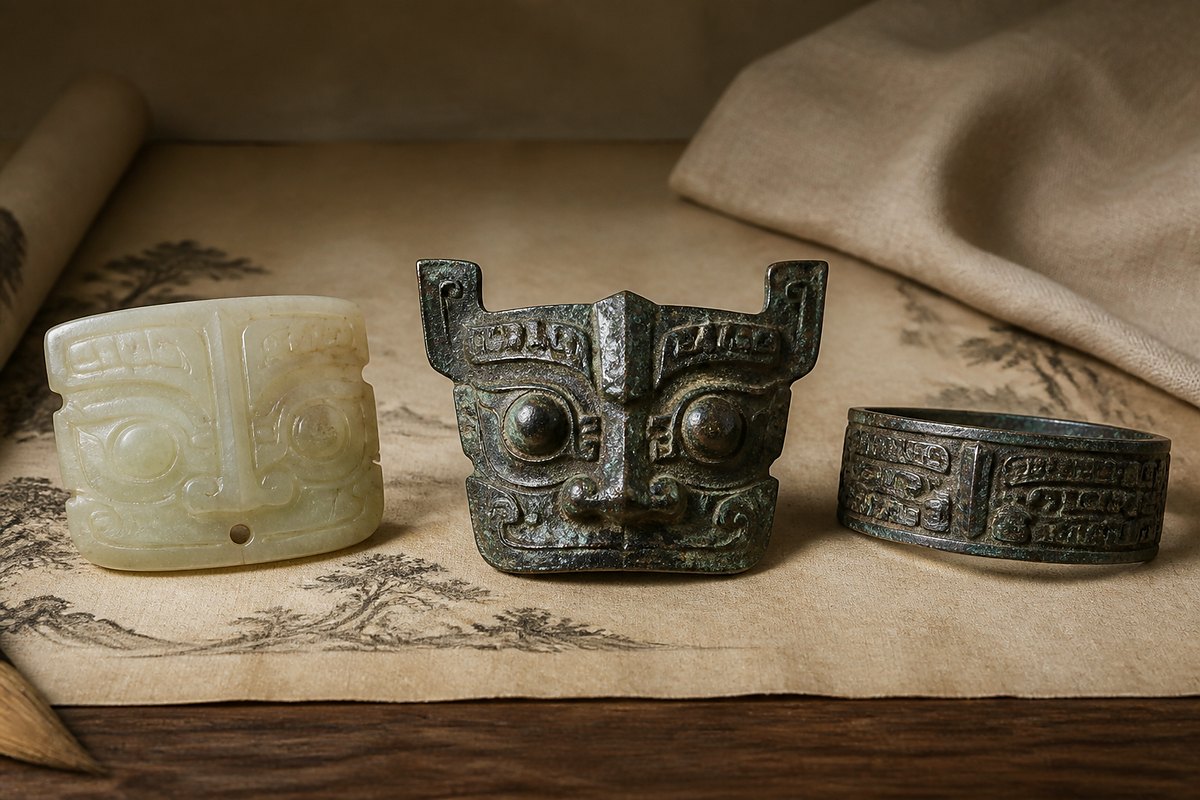 Taotie pattern (饕餮纹) evolution from Liangzhu jade beast face to Shang and Zhou bronze motifs