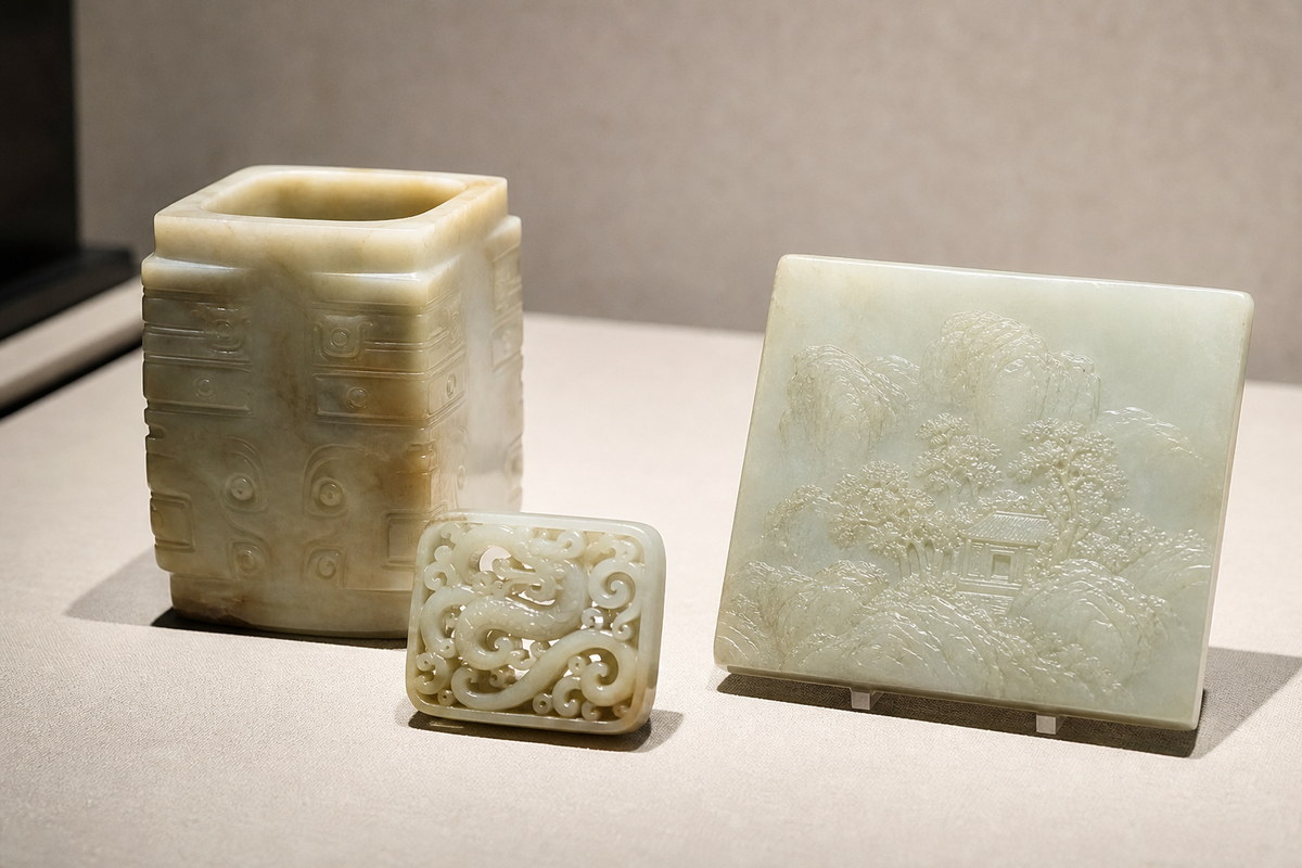 Relief jade carving (浮雕玉雕) history display with cong-inspired form, coiled dragon motif, and jade plaque