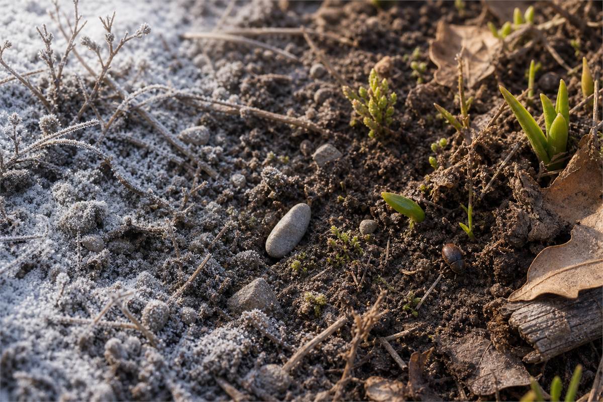 Winter earth giving way to early spring buds and the first signs of insect activity