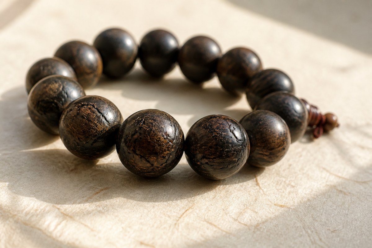 Close detail of thunderstruck wood Leiji Mu (雷击木) beads with dark grain and branching crack marks