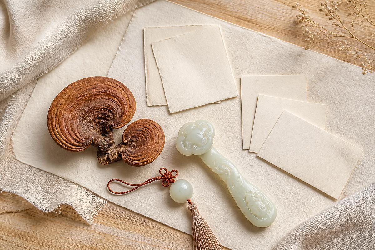 Dried Lingzhi, jade bead, Ruyi ornament, and blank cards for Lingzhi meaning