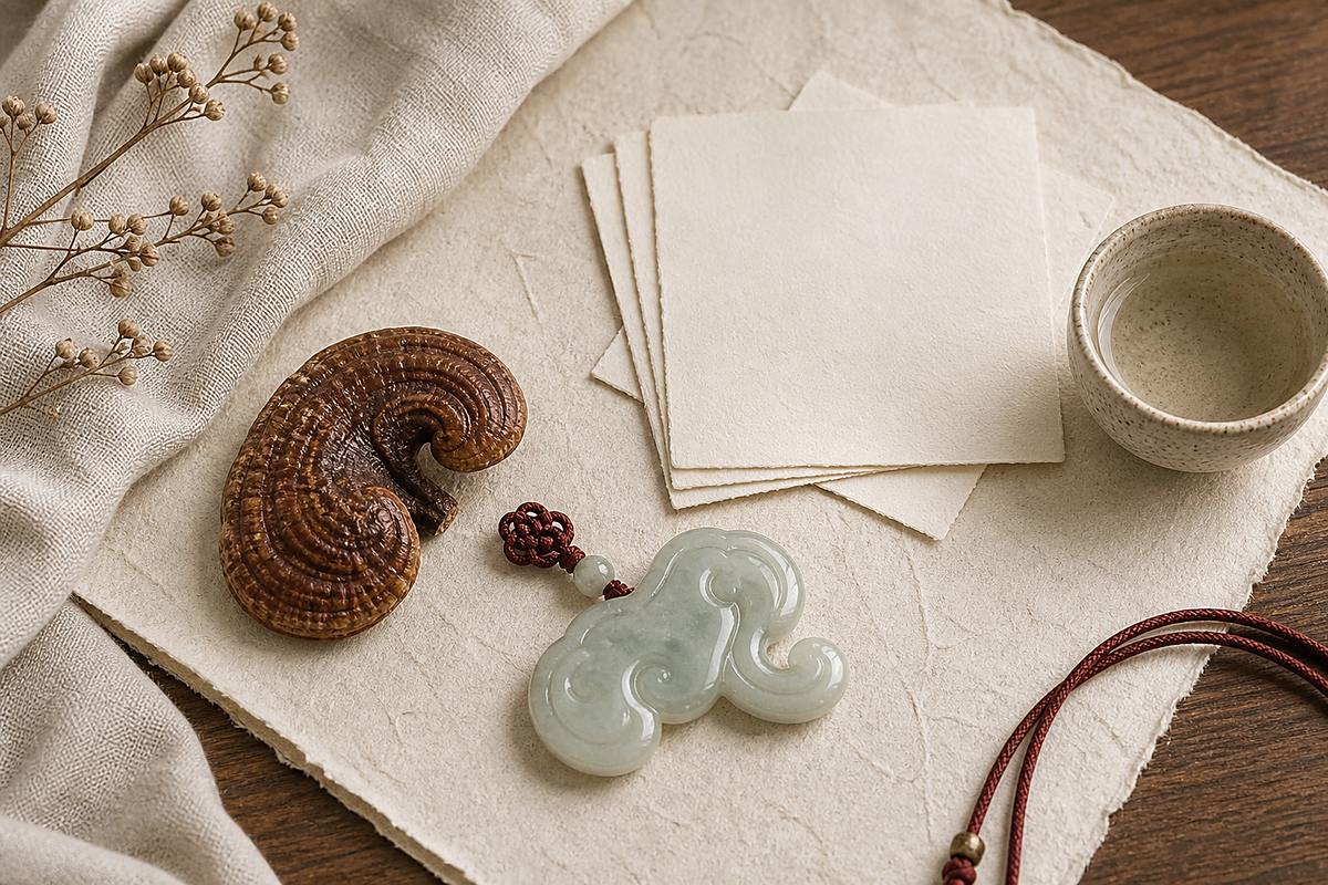 Dried Lingzhi, jade Lingzhi Ruyi pendant, blank cards, tea cup, and red cord