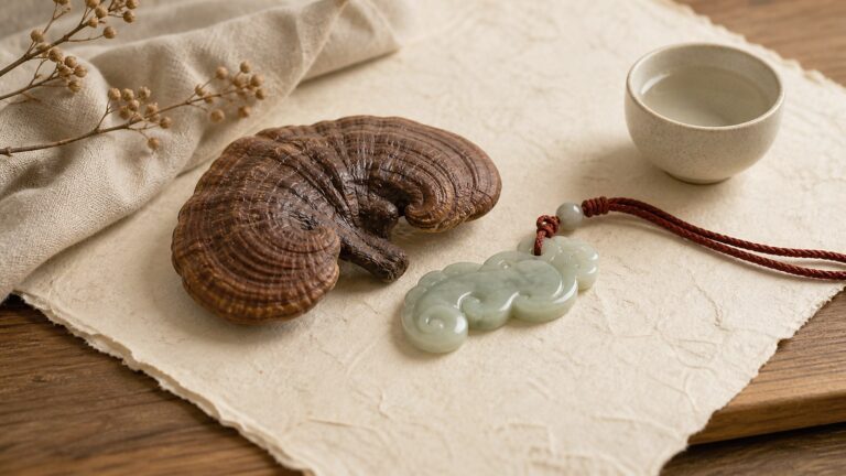 Dried Lingzhi and jade Ruyi pendant on warm handmade paper for Lingzhi meaning