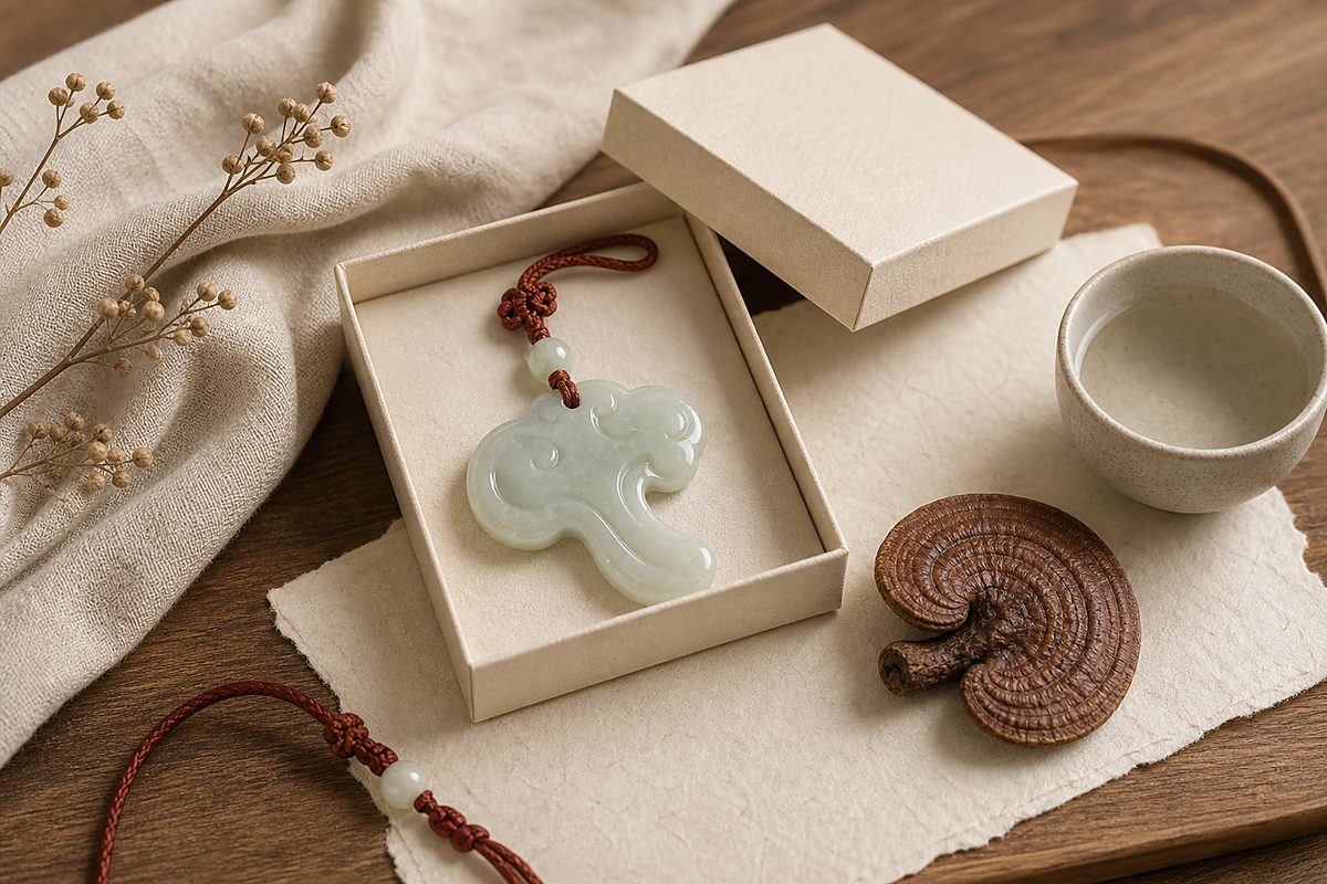 Jade Lingzhi charm in a cream gift box with dried Lingzhi and red cord