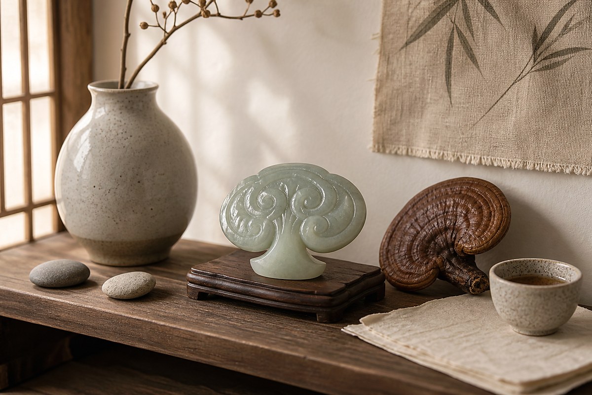 Carved Lingzhi decor object with ceramic cup, stones, jade, and dried Lingzhi
