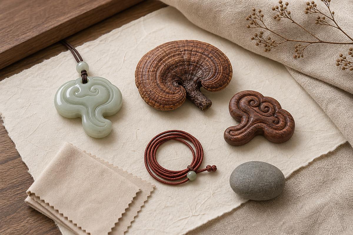 Jade Lingzhi pendant, wood ornament, dried Lingzhi, cord, care cloth, and stone