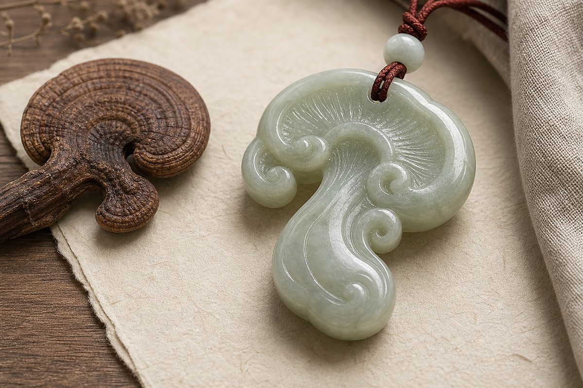 Pale jade Lingzhi carving beside dried Lingzhi on warm handmade paper