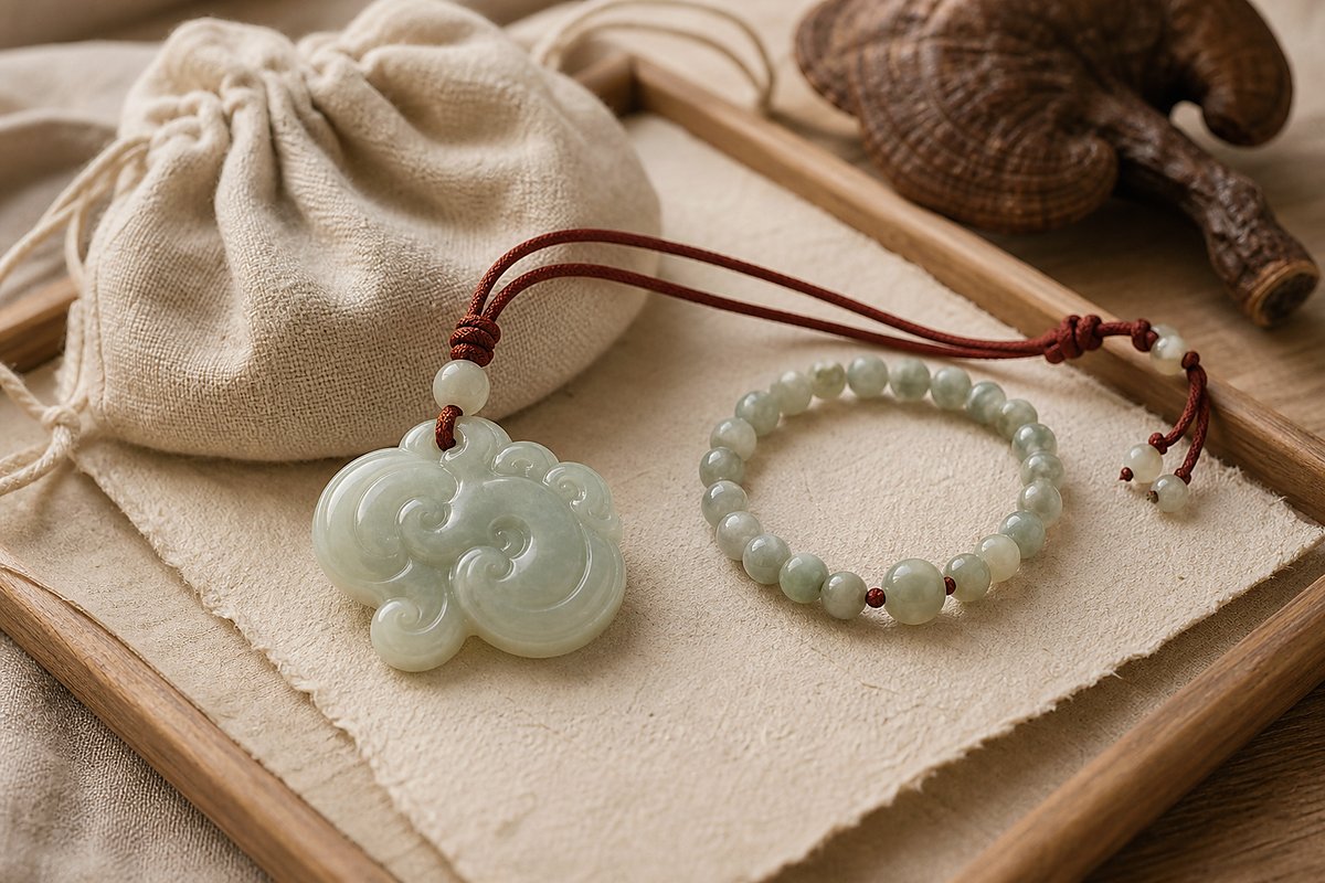Jade Lingzhi pendant, jade bead bracelet segment, cream pouch, and dried Lingzhi slice