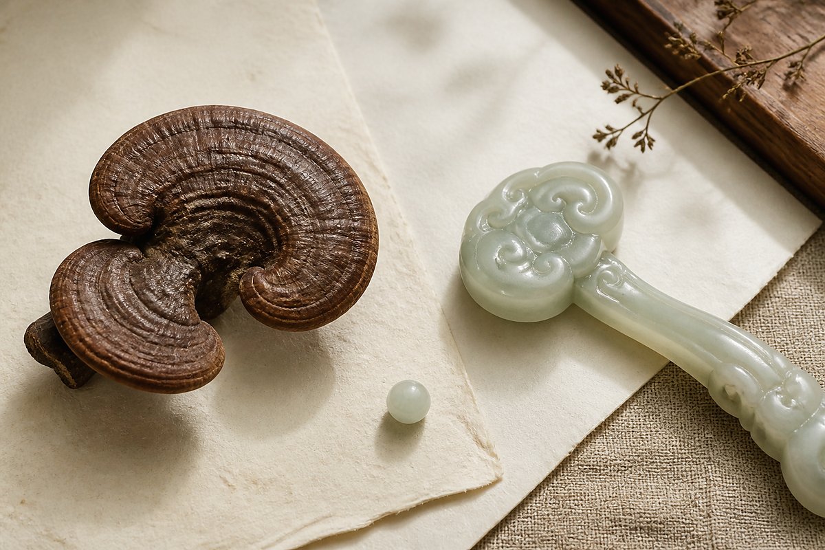 Dried Lingzhi and pale jade Ruyi ornament arranged as a text-free comparison