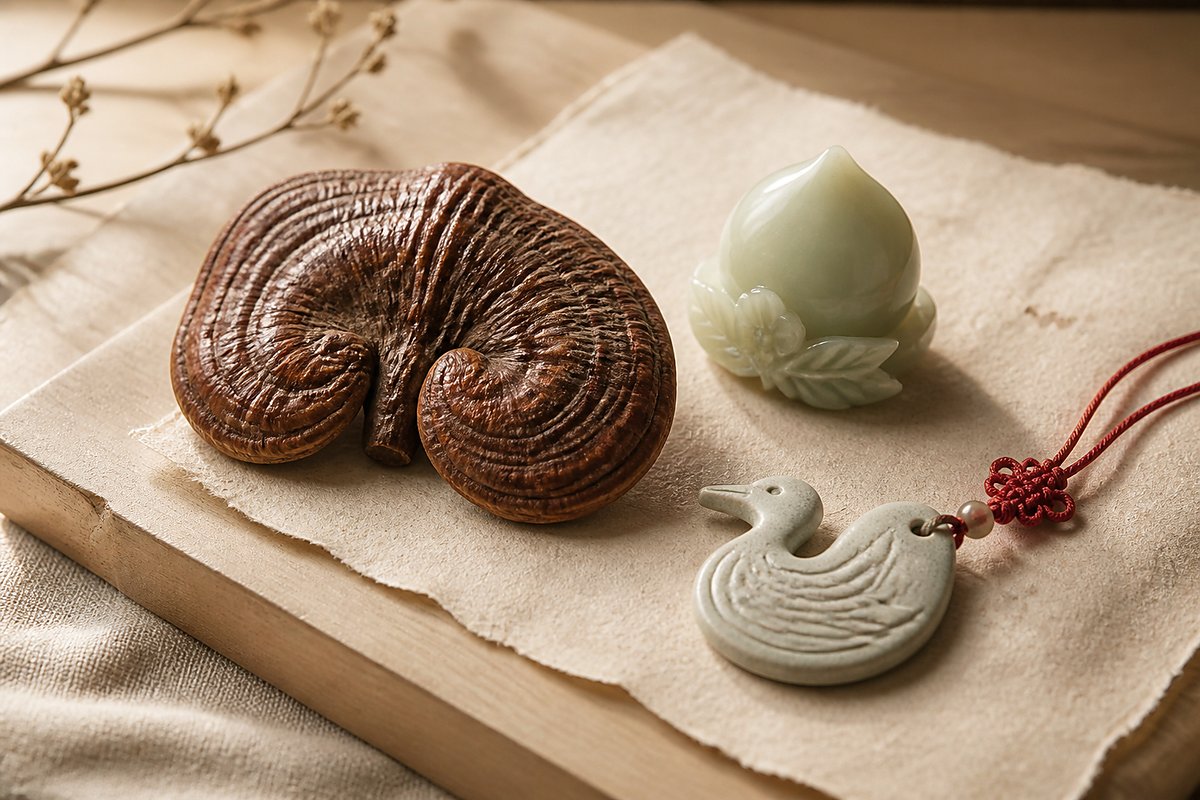 Dried Lingzhi with jade peach and ceramic crane token for longevity symbolism