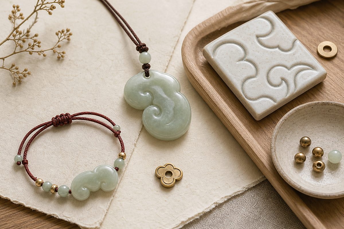 Jade Lingzhi pendant, porcelain motif tile, bracelet cord, and soft brass pieces