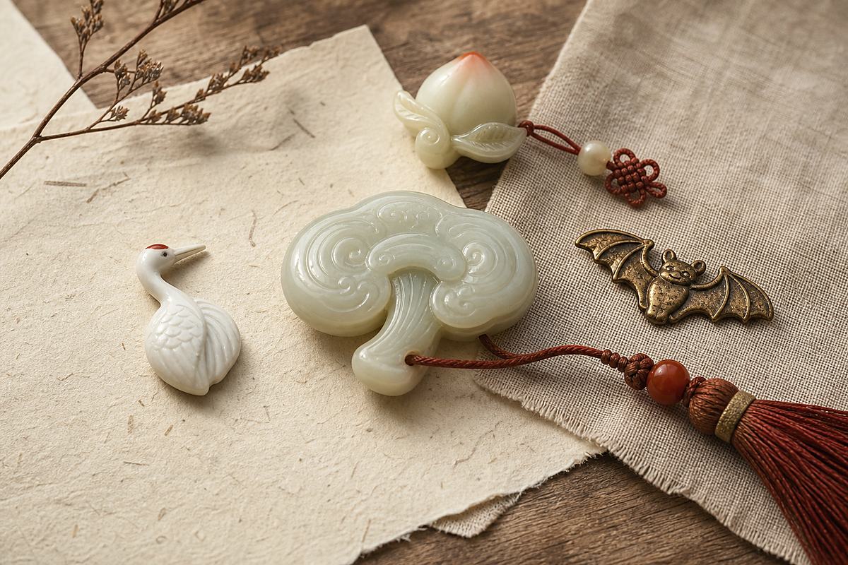 Jade Lingzhi with ceramic crane, jade peach, small bat charm, and red cord