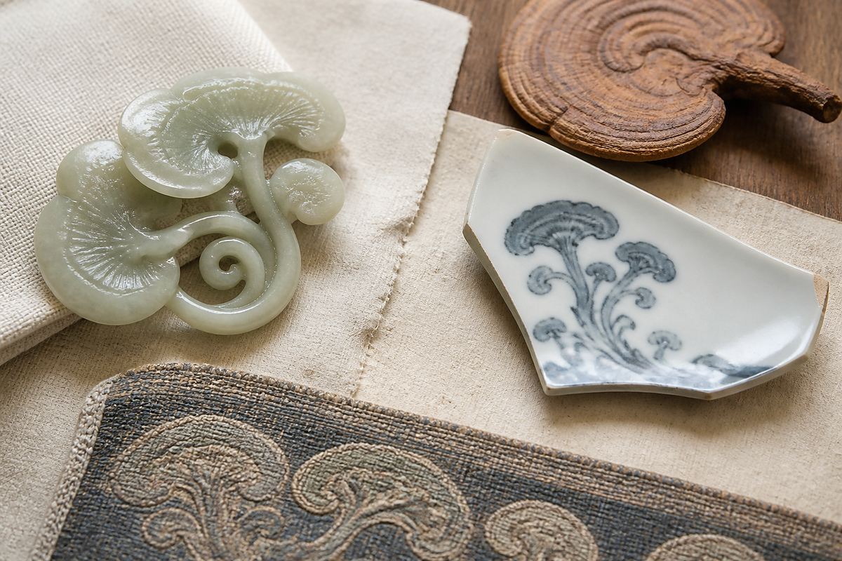 Jade, porcelain, textile, and dried Lingzhi details showing Lingzhi pattern evolution