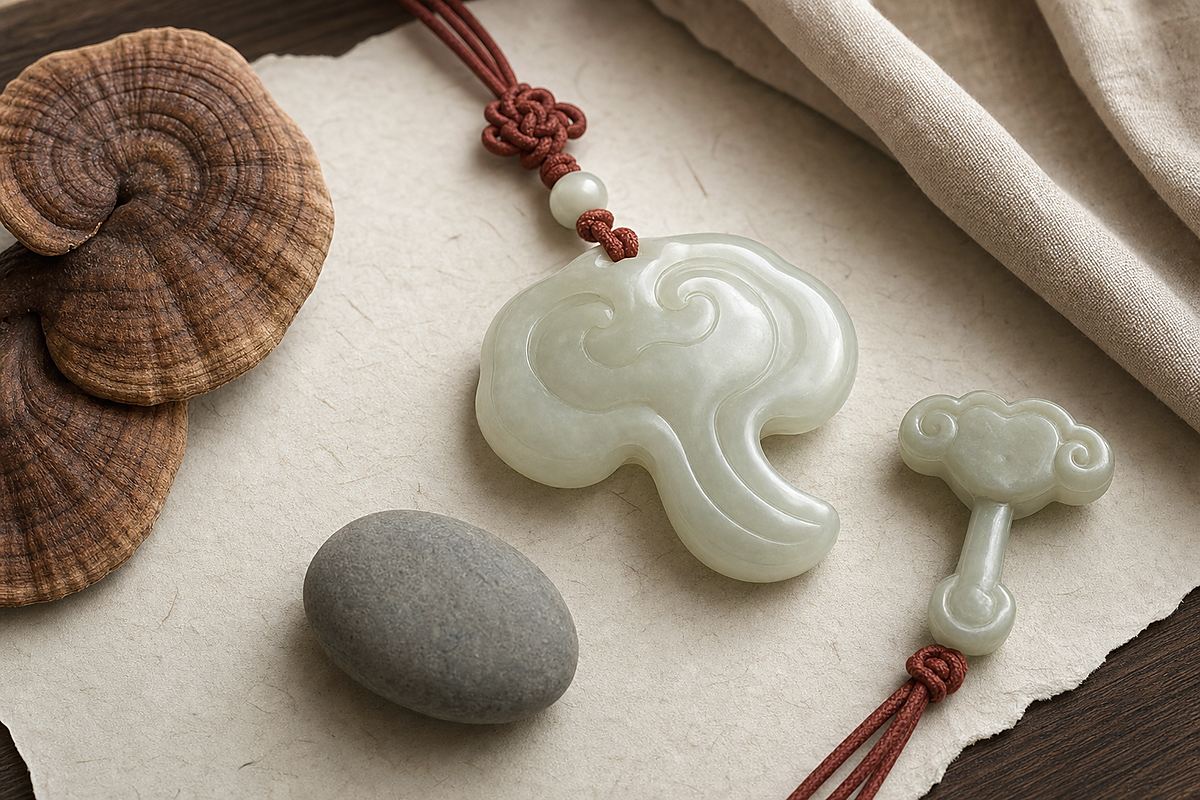 Jade Lingzhi pendant, Ruyi carving, red cord, and dried Lingzhi for auspicious blessing
