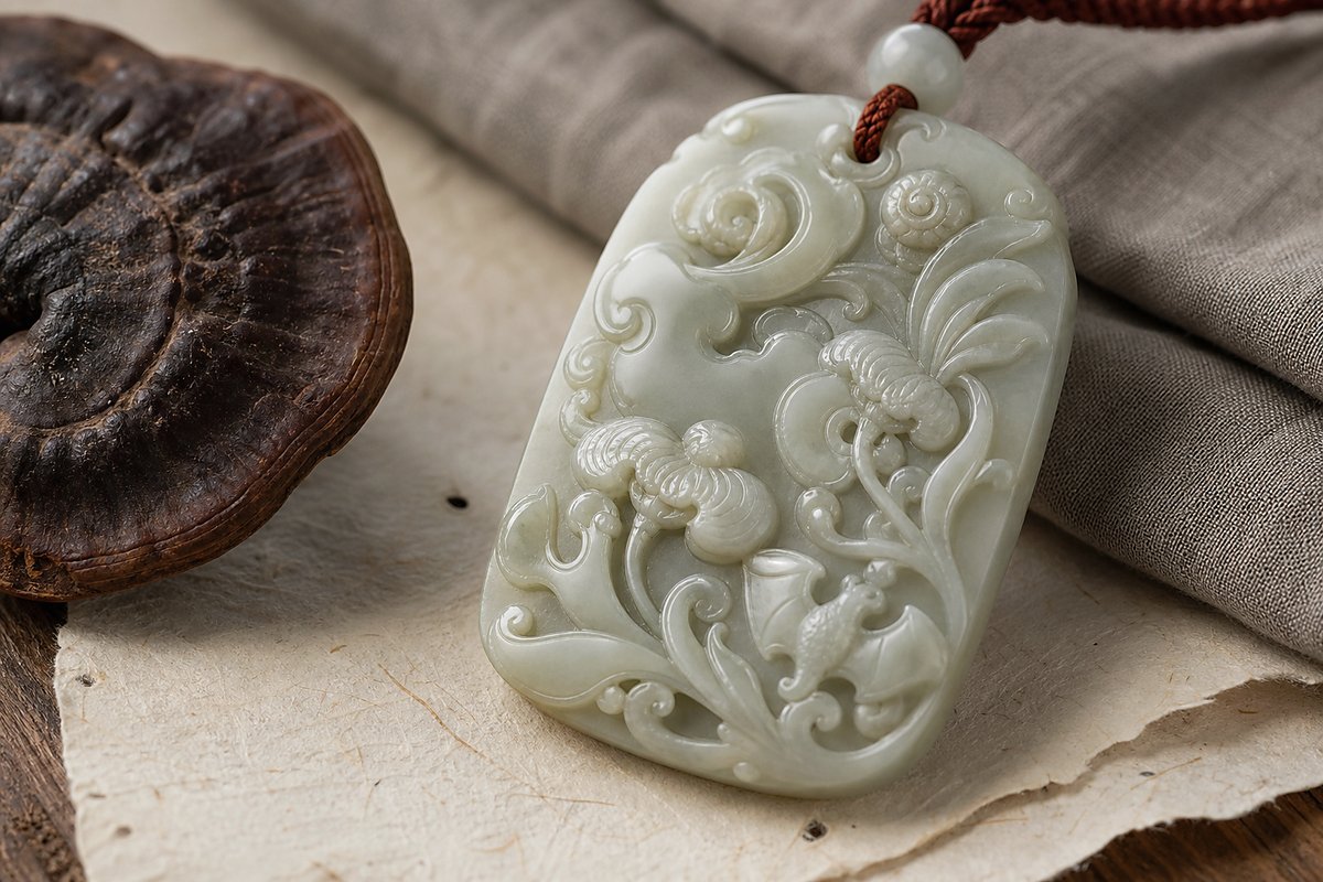 Jade plaque with Lingzhi curls, Ruyi cloud curves, peach leaves, and dried Lingzhi edge