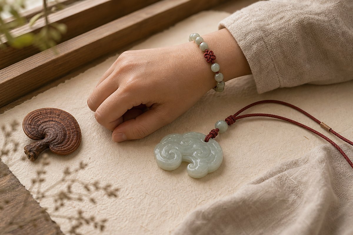 Jade Lingzhi pendant near a wrist wearing a simple jade bead bracelet