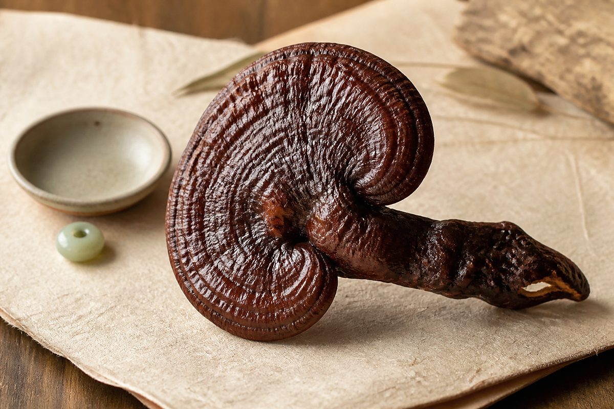Close view of a dried Lingzhi mushroom with jade bead and ceramic dish