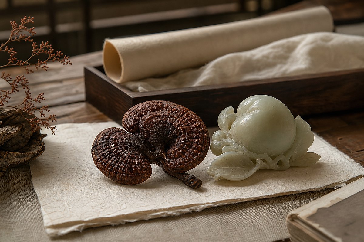 Dried Lingzhi beside jade peach and blank scroll on warm handmade paper