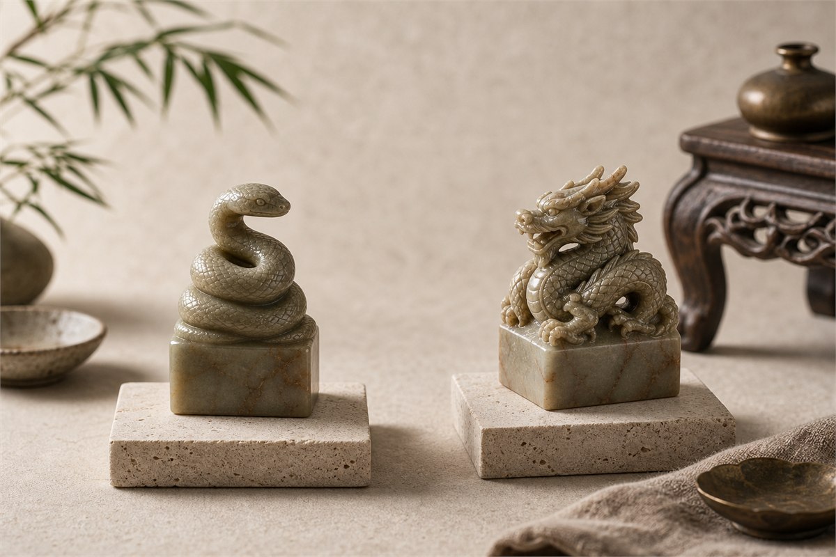 Distinct carved snake and Chinese dragon seals displayed on separate stone plinths