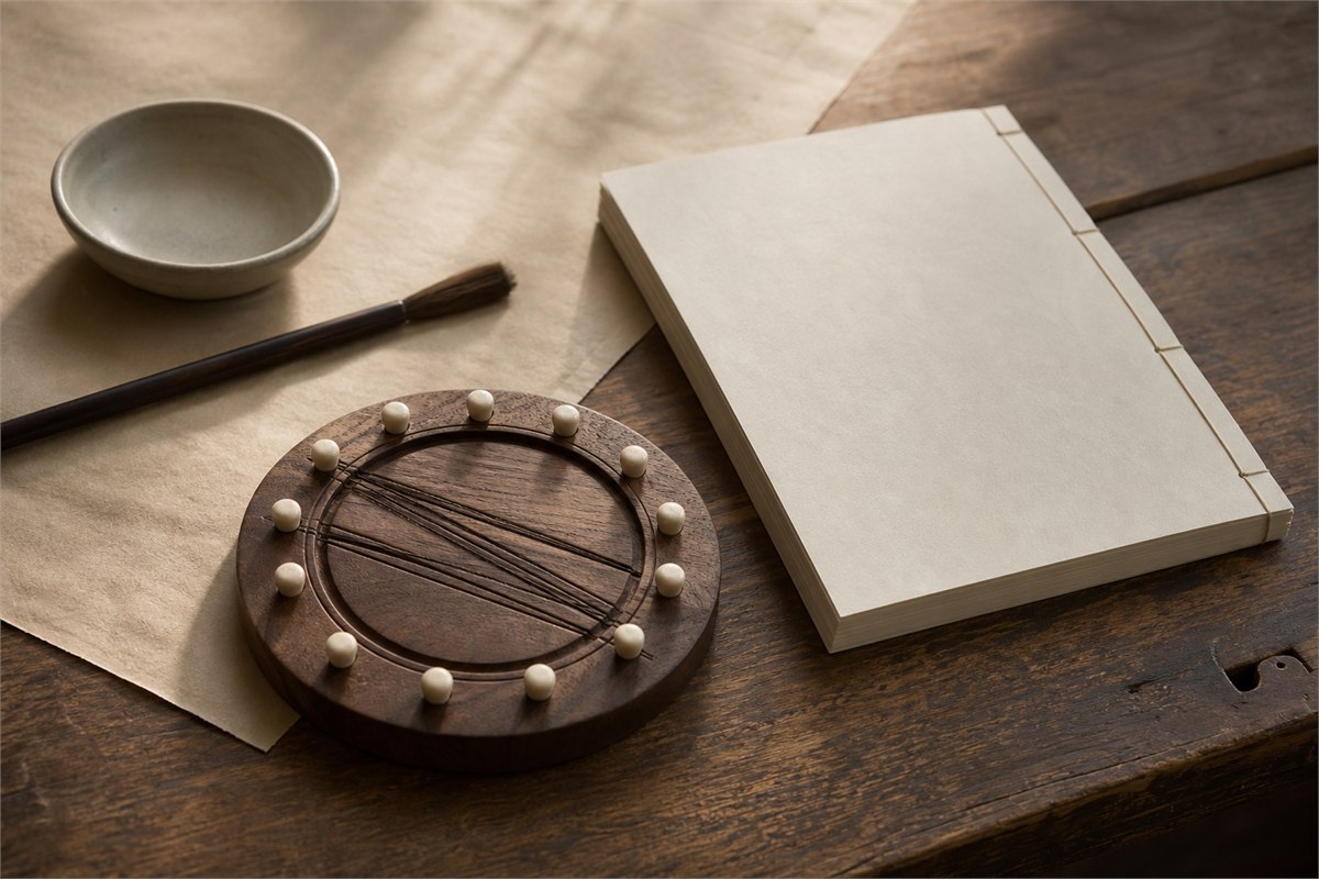 Twelve-position wooden branch model beside a stitched traditional book on a scholar's desk