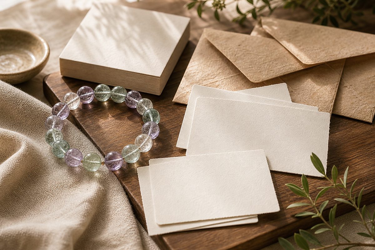 Liuli bracelet beside blank ivory gift cards and warm paper envelopes