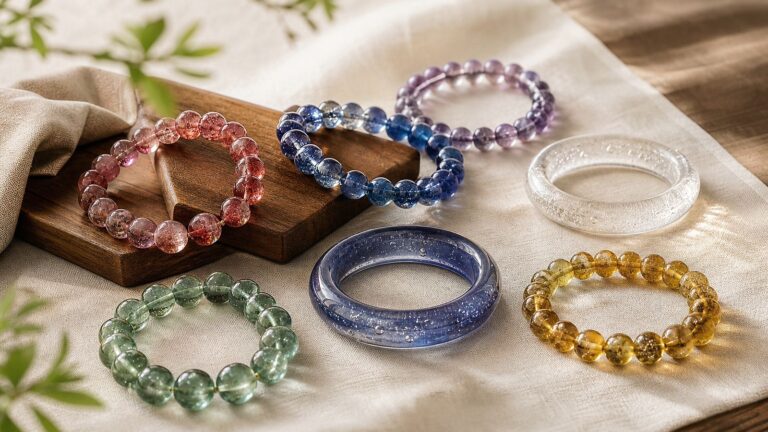 Liuli bracelet and Liuli bangle with translucent flowing colors and handmade bubbles on ivory linen