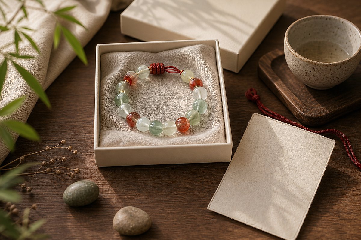 Liuli bracelet in a restrained ivory gift box with a blank card and soft fabric lining