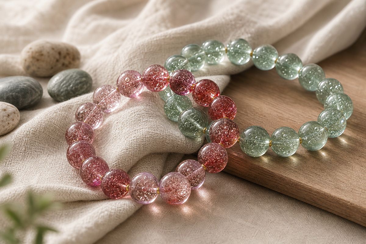 Macro close-up of Liuli bracelet beads with handmade bubbles and soft flowing glass color