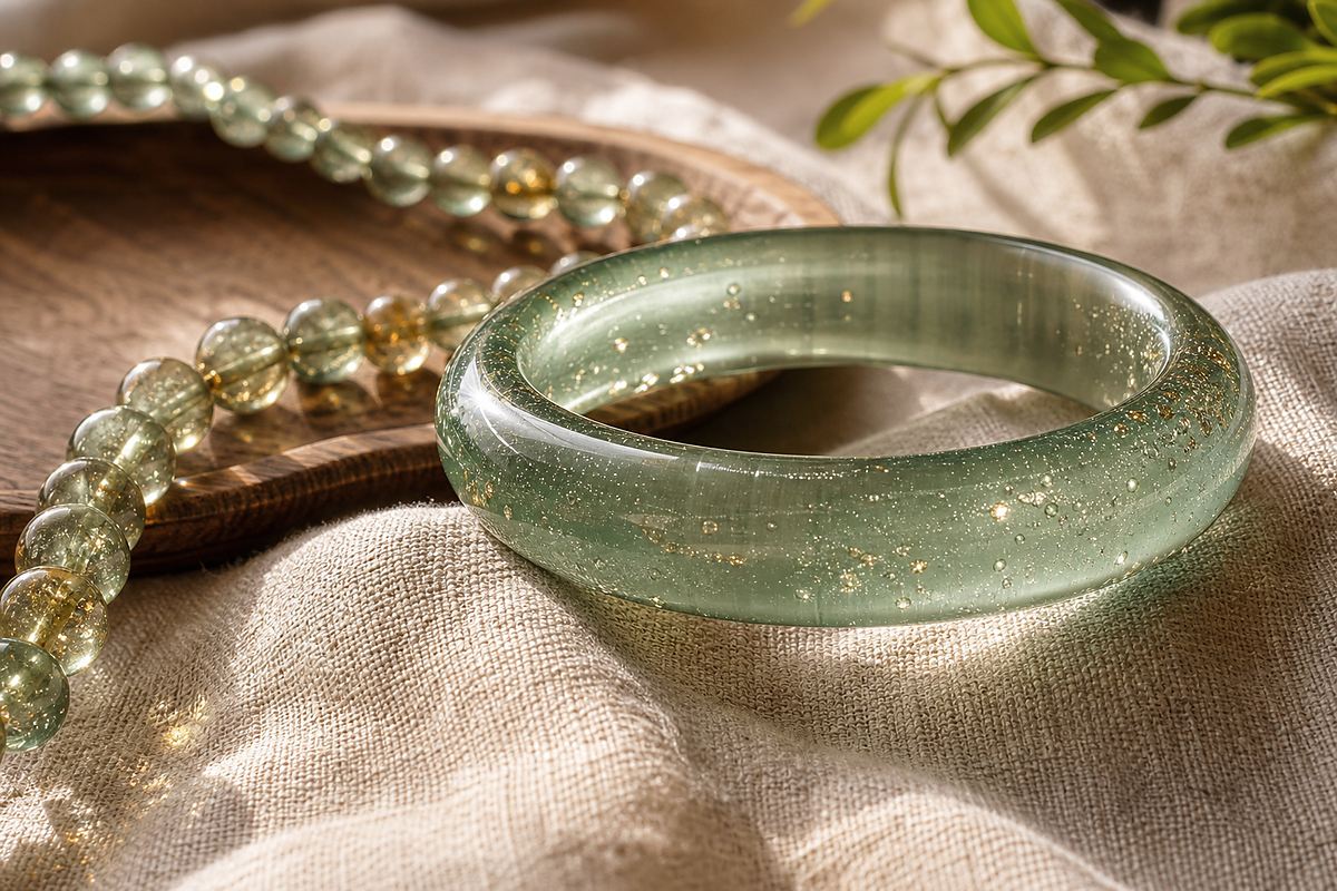 Liuli bangle and beads catching sunlight with bubbles, gold flecks, and soft refraction