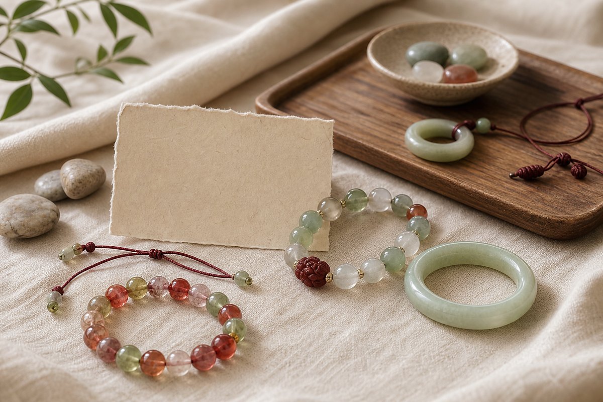 Liuli bracelet beads and a slim Liuli bangle arranged with a blank card on ivory linen