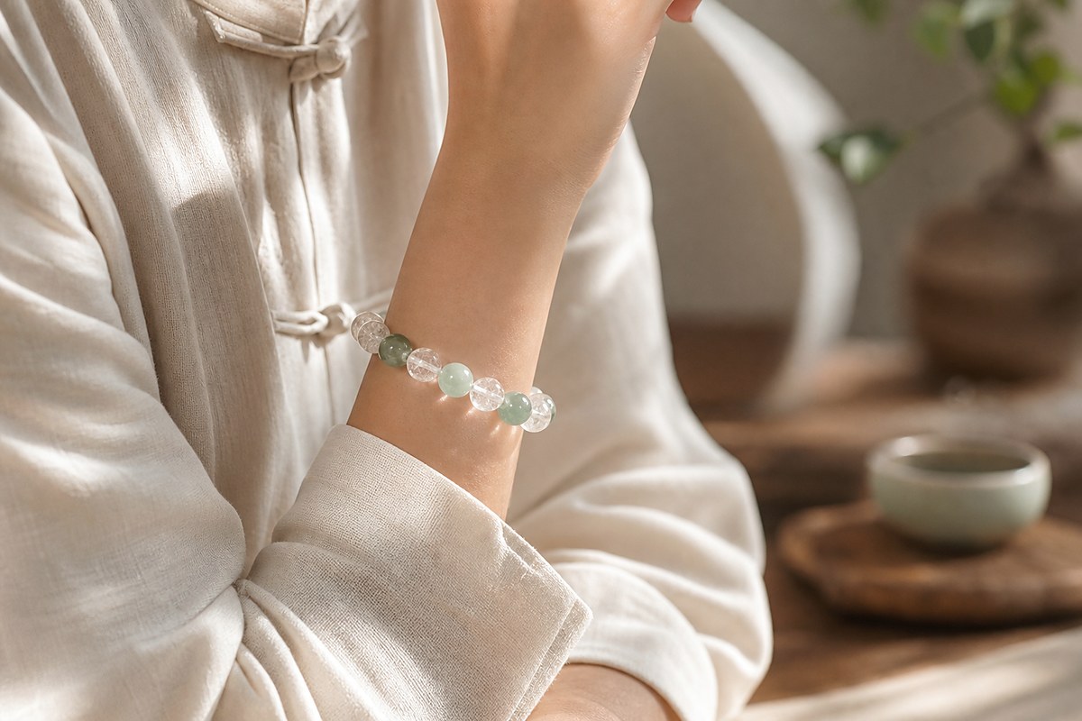 Liuli bracelet worn on a wrist with a cream linen sleeve in new Chinese style